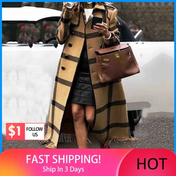 Plus Velikost Ženy Kabát Módní Kostkované Double Breasted Dlouhé Třásně Kabát 2021 Zimní Cothes Elegantní Dámské Kabáty Svrchní Oděv