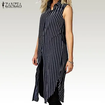 Plus Velikosti Pruhované Tričko Šaty Ženy Letní Šaty 2021 ZANZEA Klopě Sarafans Vestidos Ženy Asymetrické Horní Plášť Femme Tunika