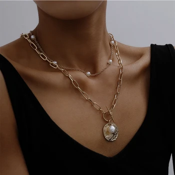 Punk Barokní Perla Multi Řetěz Náhrdelník Pro Ženy, Geometrie Přívěsek Náhrdelníky Korálky Laso Dlouhé Svatební Obojek Gothic Šperky
