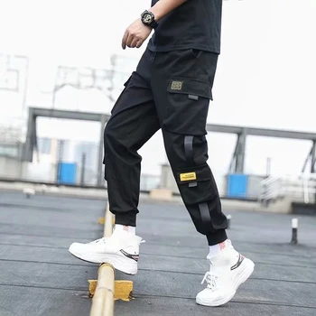 Pánské Boční Kapsy Cargo Kalhoty Harém 2020 Stuhy Černá Hip Hop Ležérní Mužské Běžci Kalhoty Módní Ležérní Streetwear Kalhoty