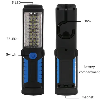 Přeložte schopni Super Světlé 36+5 LED Ruční Svítilna Pracovní Světlo, Magnetický Hák Inspekční Lampa Svítilna Pochodeň Baterie