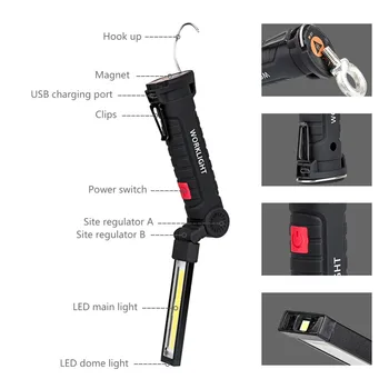 Přenosné 5 v Režimu COB Svítilna Pochodeň USB Dobíjecí LED Pracovní Světlo Magnetický COB Lanterna Závěsný Hák Svítilna Pro Venkovní Táboření