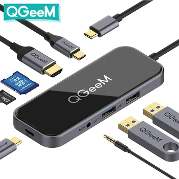 QGeeM 8 Portů USB C Hub pro Macbook Pro Air Rozbočovač USB 3.0 Adaptér TF SD 3,5 mm PD Aux HDMI Typ C Hub pro iPad Pro PC Splitter Dock