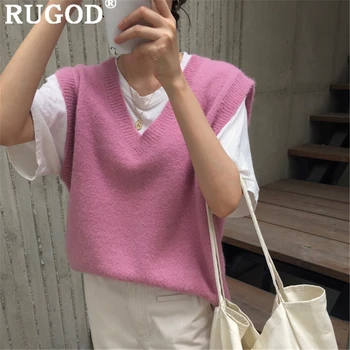 RUGOD Ležérní pletené šaty bez rukávů svetr vesta korejské šik V-neck pevné měkké pulovry žena 2019 Módní auturm růžové svetry topy
