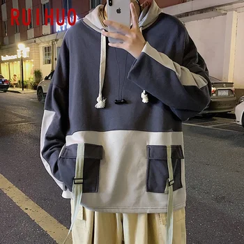 RUIHUO Safari Stylu Patchwork Muž Mikiny Pro Muže Svetr Mikiny s Kapucí Japonské Streetwear, Hip Hop M-2XL Jaře roku 2021