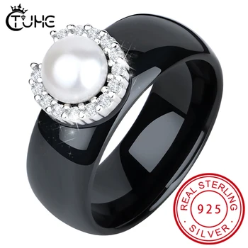 S925 Sterling Stříbrné Prsteny pro Ženy, Skutečný Perlový Prsten Drahokam Keramické Romantický Dárek Zásnubní Šperky