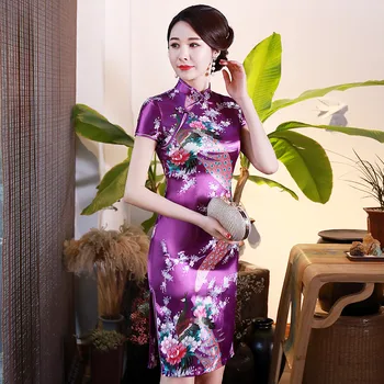 Sexy Mini Čínské Ženy Hedvábí Cheongsam Létě Těsné Květina Qipao Večerní Party Prom Šaty Overisze 3XL 4XL 5X 6XL Vestidos