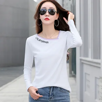 Shintimes Tisk Zkosení Límec T Košile Ženy Bavlna Korean Oblečení 2020 Podzim Topy Ležérní Dlouhý Rukáv Tričko Žena Tee Shirt Femme