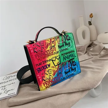 Tašky pro ženy 2020 podzimní a zimní nové osobnosti kontrastní barevné graffiti přenosné malé náměstí taška přes rameno messenger bag