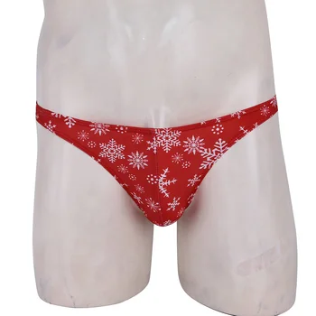 TiaoBug Pánské Nízké Vzestup Vločka Tištěné G String Tanga Stručný Červené Vánoční Kostým Sexy Muž Boule Pouzdro Spodní Prádlo Kalhotky