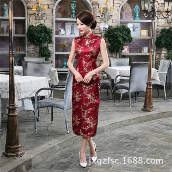 Tradiční Čínské Dlouhé Šaty Ženy Hedvábný Satén bez Rukávů Cheongsam Velikost: S až 3XL
