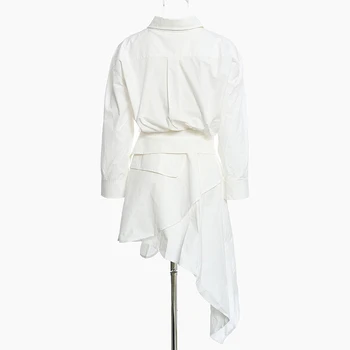 TWOTWINSTYLE Nepravidelné Bílé Košile Šaty Pro Ženy Klopě Dlouhý Rukáv Vysokým Pasem Mini Šaty Ženské 2020 Letní Módní Nový Příliv