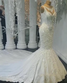 Vestido de noiva Vintage Ohromující šaty bez Rukávů Krystal Svatební Šaty Roku 2019 Mořská panna Svatební Šaty Na Prodej