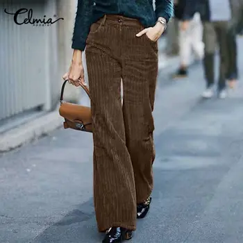 Vintage Kalhoty Celmia Ženy Vysoké Pasu Zimní Manšestrové Kalhoty 2021 Podzim Ležérní Solidní Volné Širokou Nohu Dlouhé Palazzo Plus Velikost