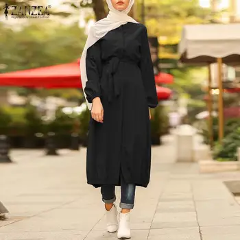Vintage Solidní Muslimské Šaty Dámské Puff Sleeve ZANZEA letní Šaty Ležérní Tlačítko Midi Vestidos Páskem Ženské Solidní šaty Plus Velikost