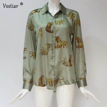 Vsstiar Animal Print Šifon Halenka Ženy Ležérní Dlouhý Rukáv Volné Košile Letní Dámské Topy Zelená
