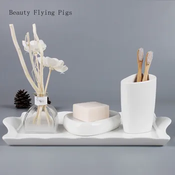 WSHYUFEI Čistě bílá keramika, Koupelnové Doplňky Set Dávkovač na Mýdlo Držák na zubní Kartáček Vatovým tamponem box Koupelny Umýt Produkty