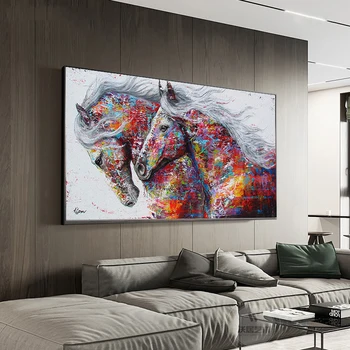 Zvíře Dva Běh Koně Plátno Obrazy Plakáty a Tisky Umění Zdi Obraz pro Obývací Pokoj