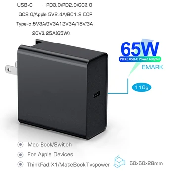 Černý 65W Typ C PD Rychlé Nabíjení 61W Dodávka Energie Zeď Rychle Notebooku Nabíječka pro MacBook, iPhone, iPad, Google Pixelbook Huawei Q6