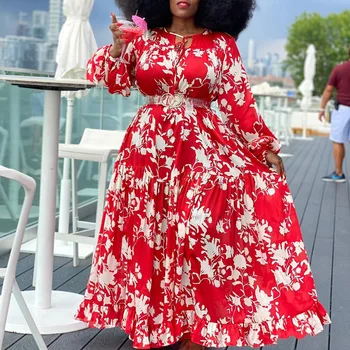 Červená Květinové Tisk Ženy Šaty Oversize 5XL Line Boho Ležérní Dlouhý Rukáv Jaře Roku 2020 Maxi Dlouhé Šaty Plus Velikosti Africké