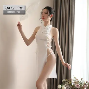 Čínské Split Mini Šaty Ženy Sexy Pár Her Krajky Cheongsam Styl Spodní Prádlo Vidět Přes Noční Úbory Noční Košile Qipao Uniformy