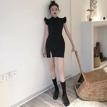 Čínský Letní Krátké Cheongsam Šaty Split Ženy Tradiční Oděv Létání Rukáv Gotický Sexy Párty Retro Šaty Qipao