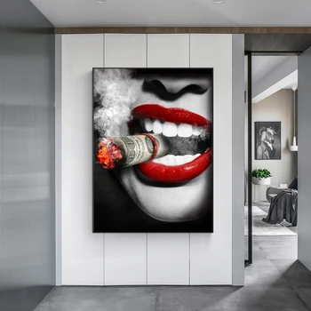 Ženy, Kouření Plakáty Sexy Červené Rty Cool Portrét olejomalby na Plátně Bar Zeď Dekor Visí Obrázky, bytové Dekorace