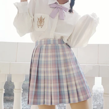 Ženy Skládaný Sukně 2020 Vysokým Pasem korejský Styl Růžové Kostkované Sukně pro Dívky Roztomilé Sladké Kawaii Dámy Mini Sukně Femlae Uniformu
