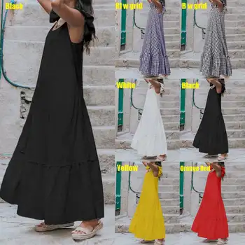 Ženy Vintage Kostkované Šaty Celmia 2021 Letní Plážové Letní Šaty Sexy Krátký Rukáv Prohrábl Dlouhé Maxi Šaty Plus Velikost Check Shirt